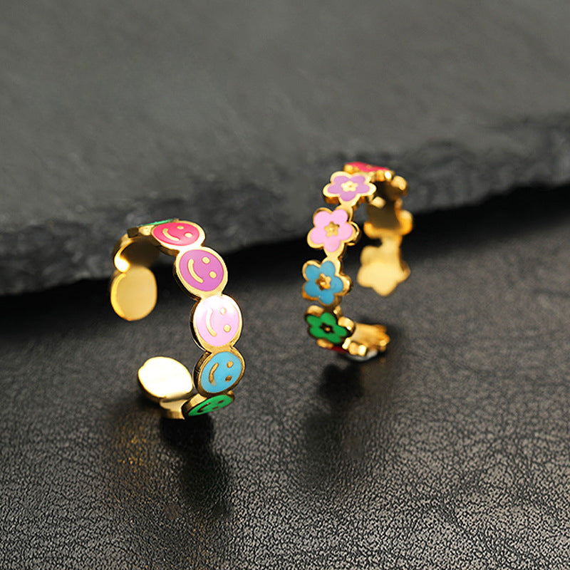 Wholesale Colorful Smiley Flower Opening Adjustable Stainless Steel Ring