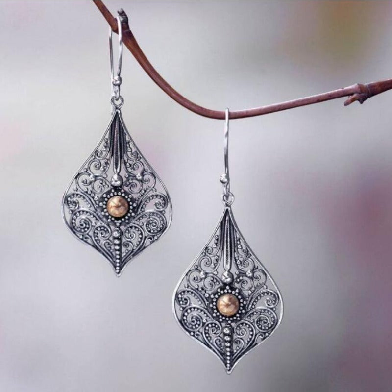 Wholesale Bohemian Retro Style Tearop-shaped Hollow Pattern Inlaid Gem Alloy Earrings