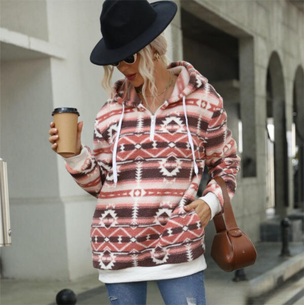 Wholesale Autumn and Winter Women's Aztec Hooded Half-Zip Pullover Sweatshirt