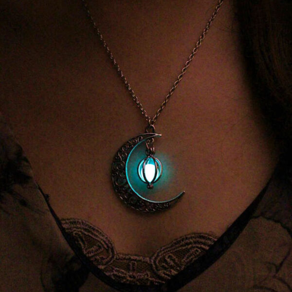 Wholesale Alloy Hollow Moon Heart Birdcage Luminous Beads Pendant Necklace