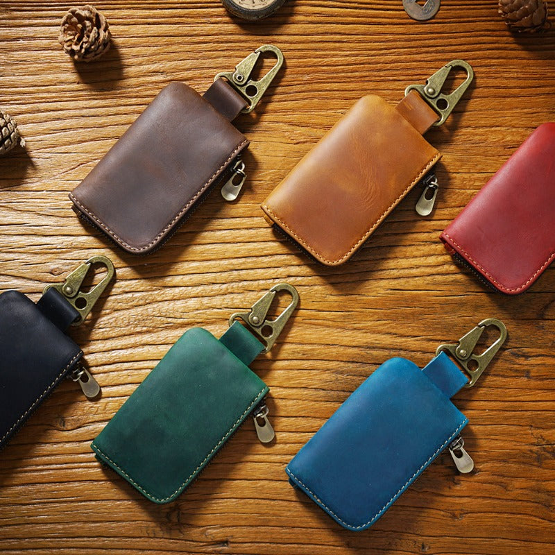 Wholesale Cowhide Waist Hanging rtable Zipper Storage Bag Leather Keychain