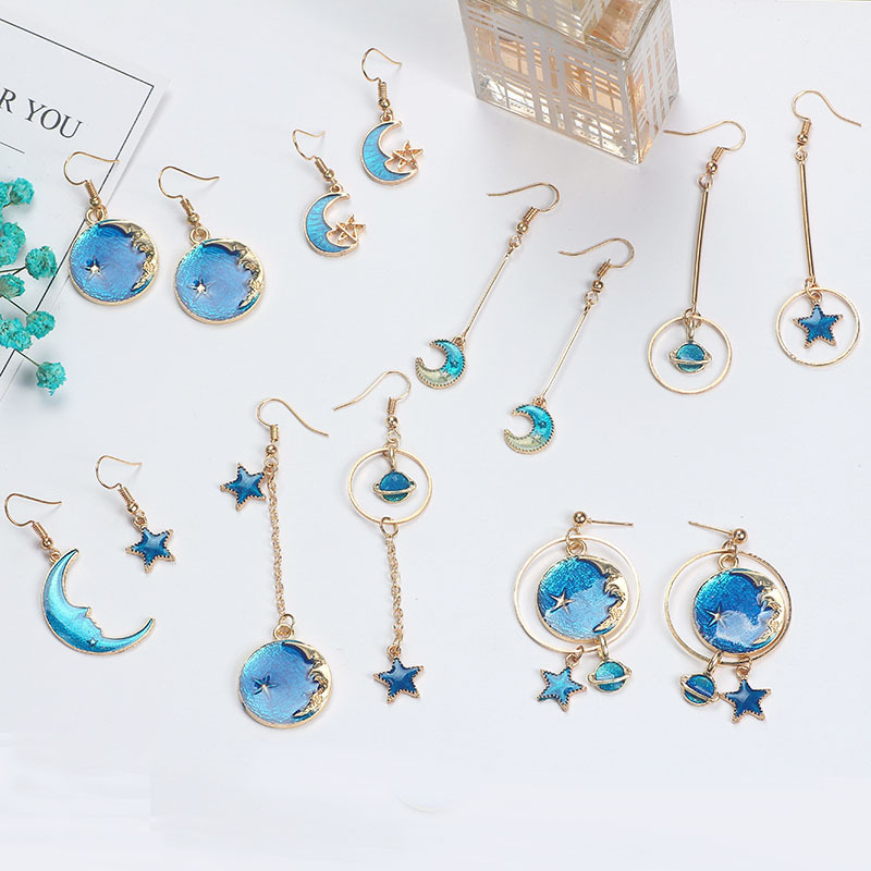 Wholesale Girl's Heart Asymmetric Earrings Blue Star Moon Universe Planet Earrings
