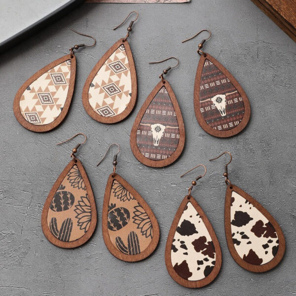 89ba74106e59458b24c6322beabeae03 Wholesale Western Style Cow Head Retro Aztec Pattern Cow Pattern Leather Wood Chip Earrings