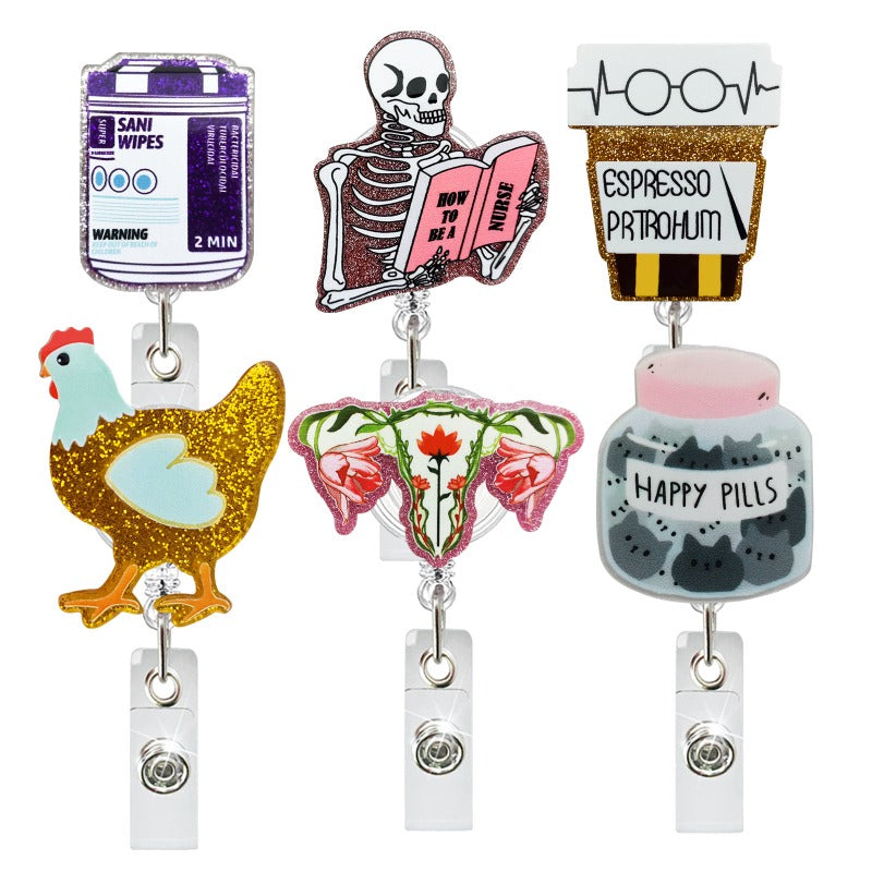 Wholesale Acrylic Skull Alligator Clip Retractable Badge Reel Easy Pull Buckle