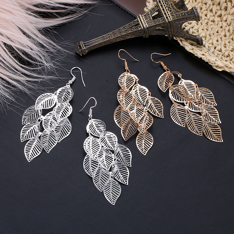 Wholesale Multilayer Hollow Leaf Alloy Earrings