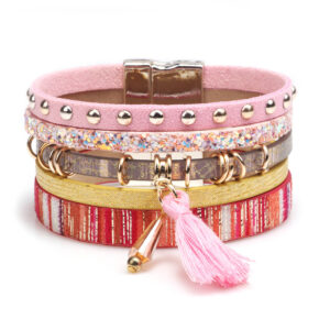 Wholesale Multilayer Tassel Leather Extra Wide Magnetic Closure Bacelet