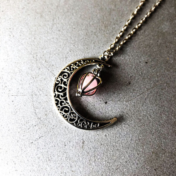 Wholesale Alloy Hollow Moon Heart Birdcage Luminous Beads Pendant Necklace
