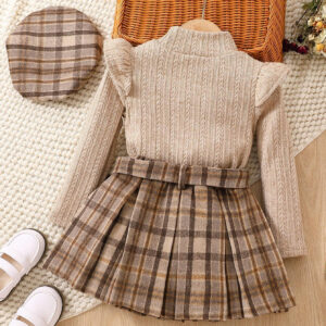 9372690cc461520141b54f591d7d76d5 Wholesale Long Sleeve Plaid Pleated Skirt Belt Beret Hat Set of 4 Baby Clothes