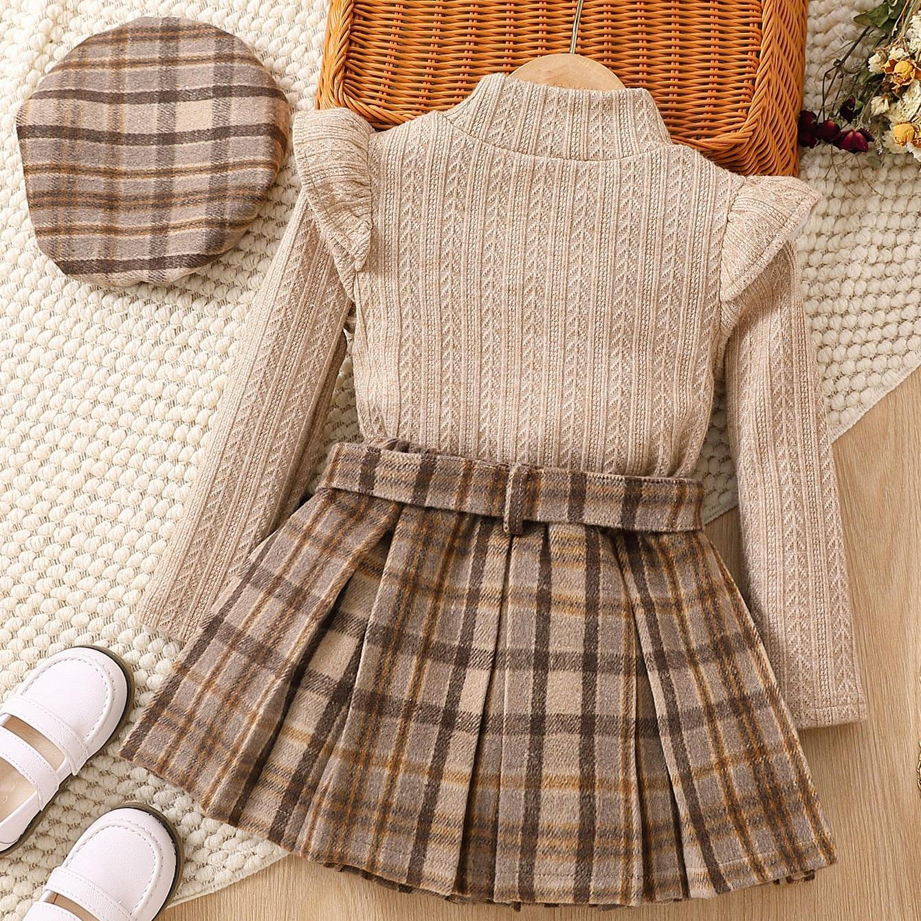 Wholesale Long Sle Plaid Pleated Skirt Belt Beret Hat Set of 4 Baby Clothes