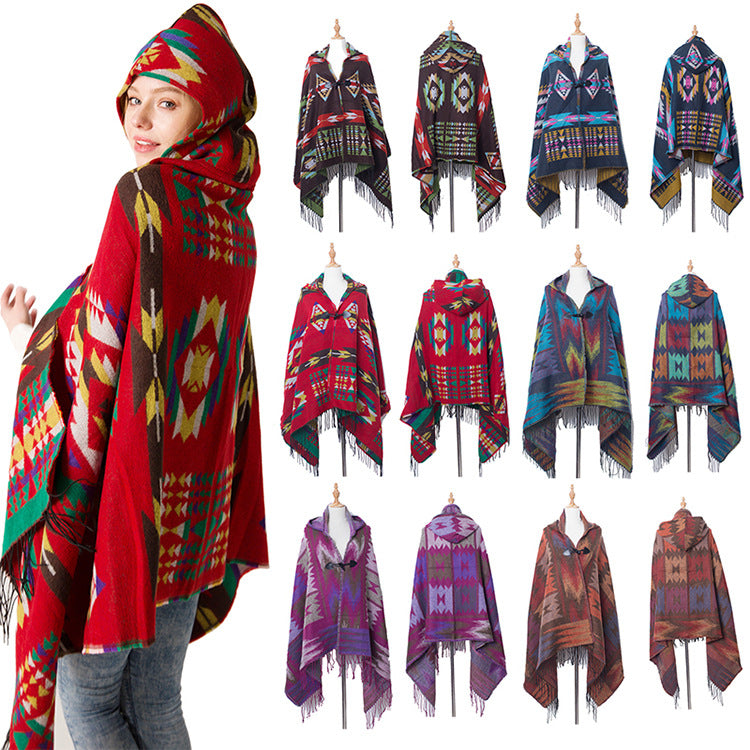 Wholesale Bohemian Ethnic Style Cow Horn Buckle Hat lyester Cape Shawl