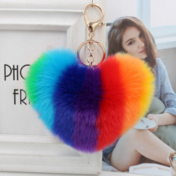 9483456380_1217306215-2 Wholesale Peach Heart Rainbow Imitation Rabbit Fur Keychain