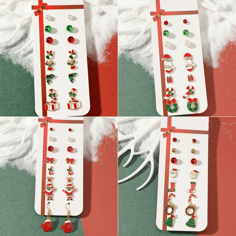 Wholesale Christmas Cartoon Elk Cane Christmas Tree Alloy Stud Earrings Set