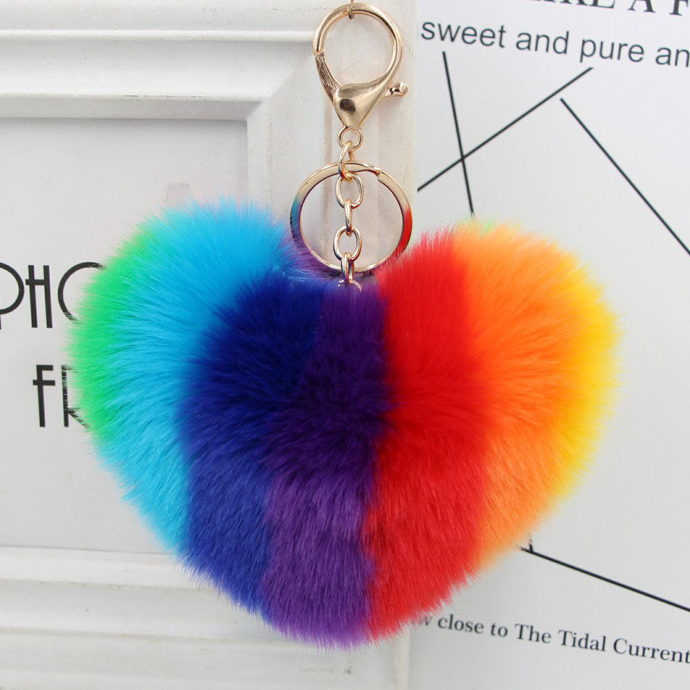 Wholesale Peach Heart Rainbow Imitation Rabbit Fur Keychain