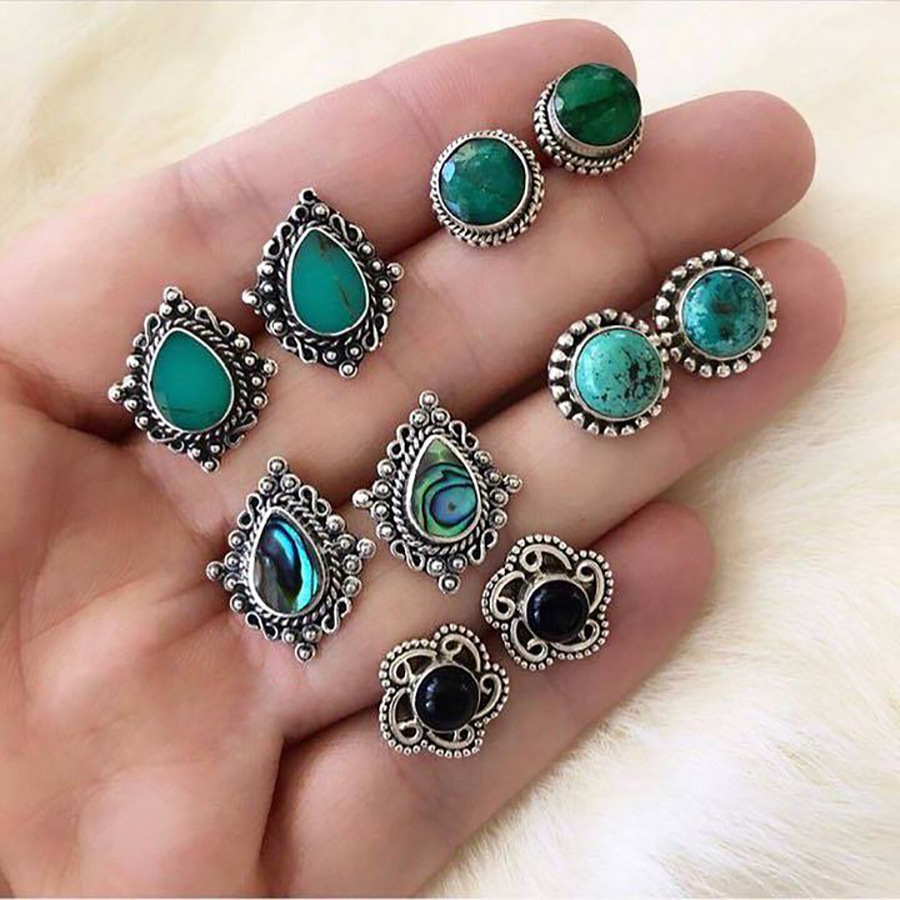 Wholesale Cross-border exclusive new product trend 5 pairs of blue dazzling turquoise gem bohemian earrings earrings