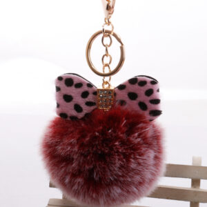 Two-color wine red fur ball + pink leopard print bow / Gold chain Buckle