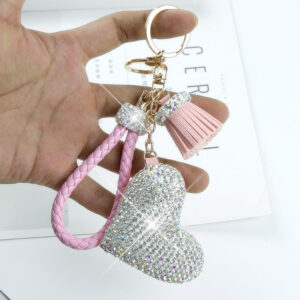 Wholesale Diamond Studded Peach Heart Tassel Leather Keychain