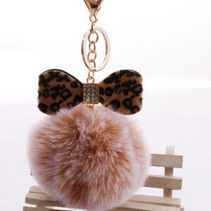Two-color khaki fur ball + leopard bow / Gold chain Buckle