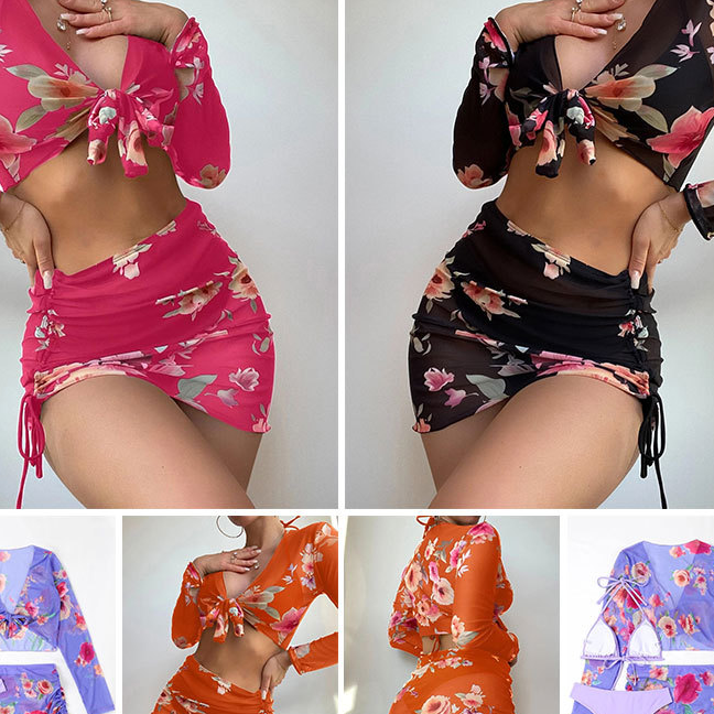 97282dba8f8975217df545ee9178fa2f Wholesale Four-piece Set Split Printed Mesh Long Sleeve Swimwear