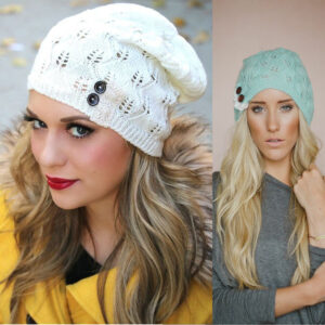Wholesale Pure Woolen Hat Hollow Leaf Lace Button Knitted Hat