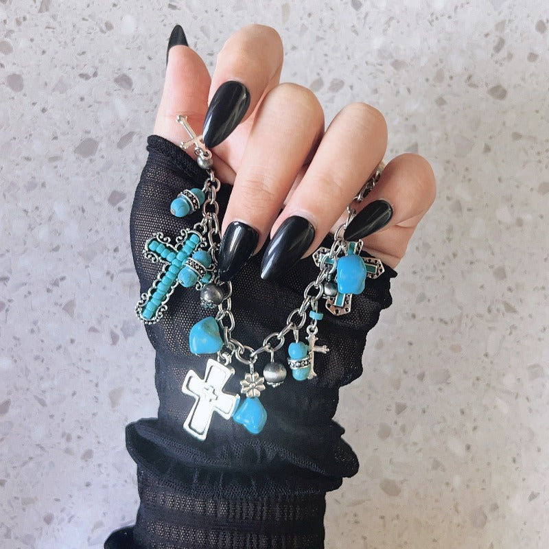 Wholesale Turquoise Antique Cross Bead Carving Sier Turquoise Vintage Style Irregular Fashion Bracelet