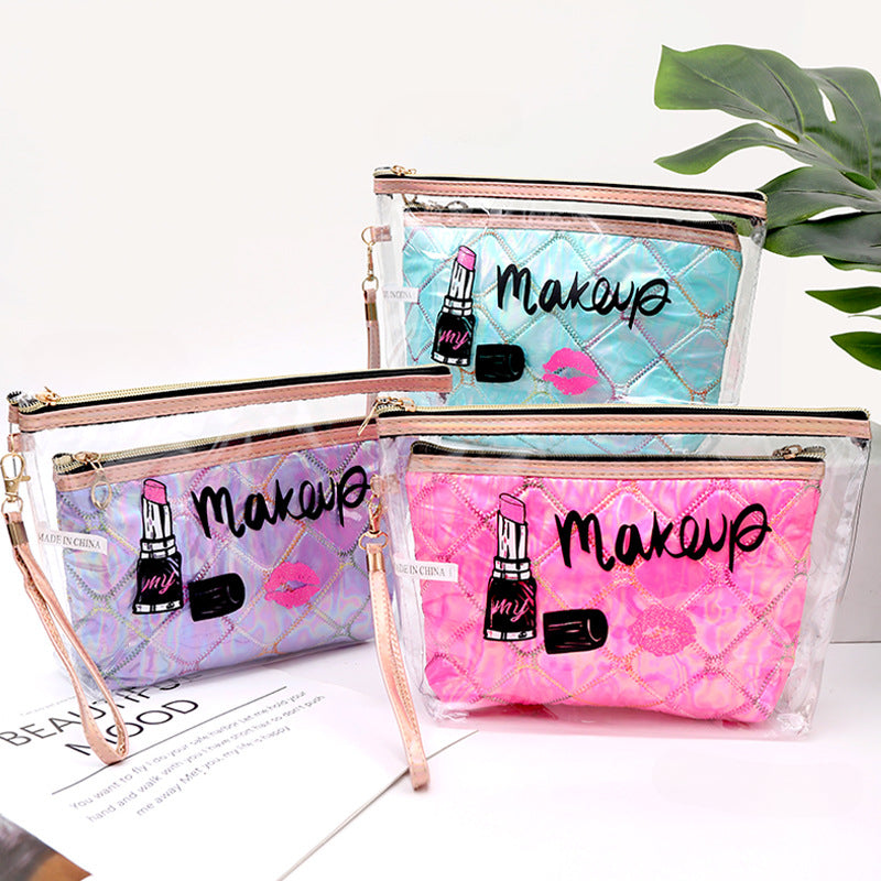 Wholesale PVC Cosmetic Bags Embroidered Diamond Grid Two Piece Set Solid Color Storage Bag