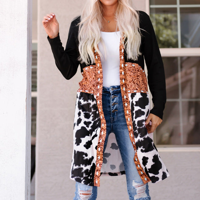 Wholesale Winter lyester Cow Pattern Western Denim Patchwork Knitted Cardigan Mid Length et