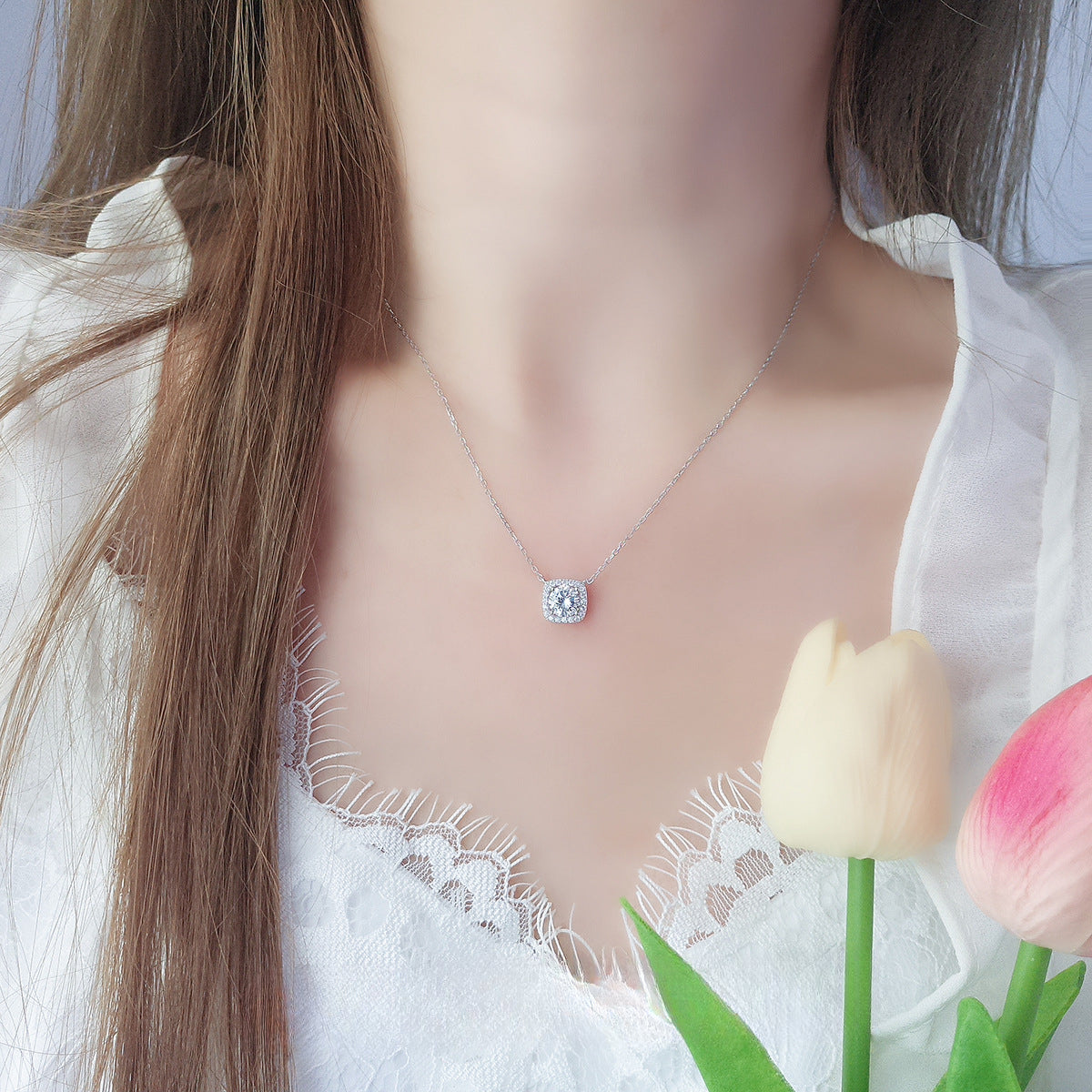 Wholesale Diamond Inlaid Square Sterling Sier Necklaces