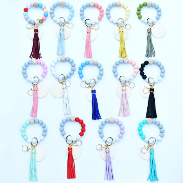 Wholesale Silicone Tassel Wooden Beads Wrist Keychain