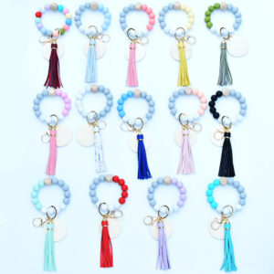 Wholesale Silicone Tassel Wooden Beads Wrist Keychain