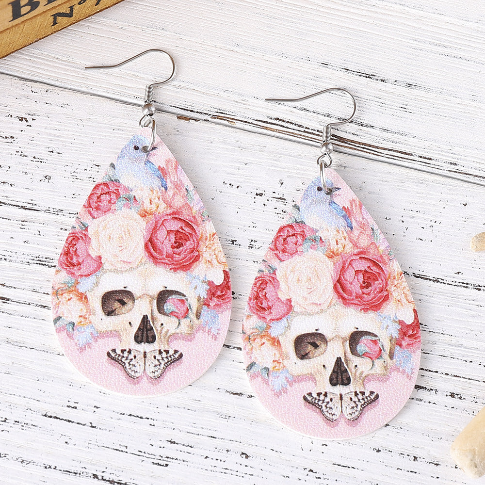 Wholesale Pink Rose Flower Butterfly Skull Earrings Double Sided PU Leather Water op Earrings