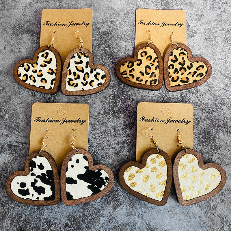 Wholesale Valentine's Day Genuine Leather Heart Leopard Print Horsehair Inlaid with Wooden Classic Retro Earrings