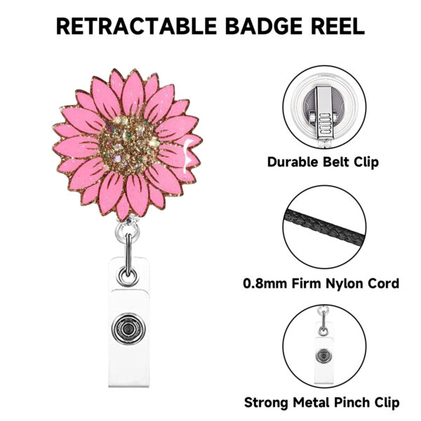 Wholesale Badge Reels Acrylic Glitter Sequins Seven Color Sunflower Retractable Keychain