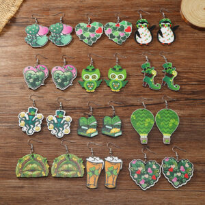 Wholesale Patrick's Day Four Leaf Clover Heart Owl Wooden Earrings