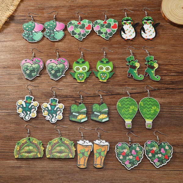 Wholesale Patrick's Day Four Leaf Clover Heart Owl Wooden Earrings