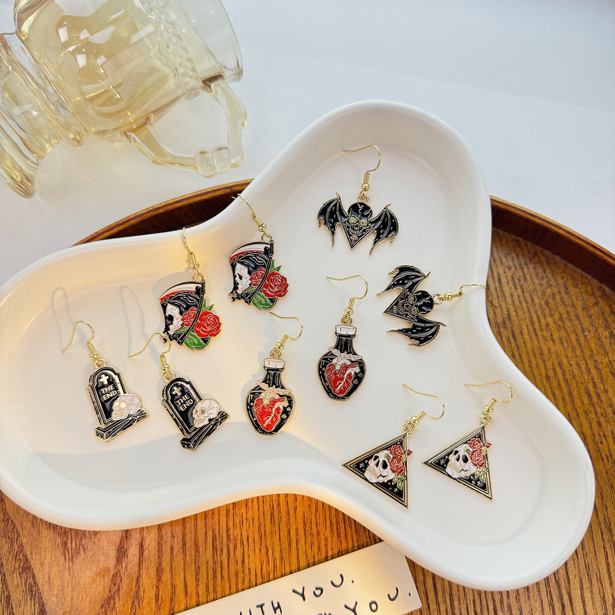 Wholesale Dark Personality Horror Funny Skull Bat Tombstone Rose Earrings