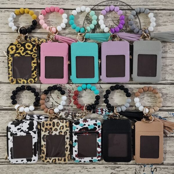 Wholesale Leopard Print Cow Print Western Style Card Holder Silicone Beaded Wrist Keychain