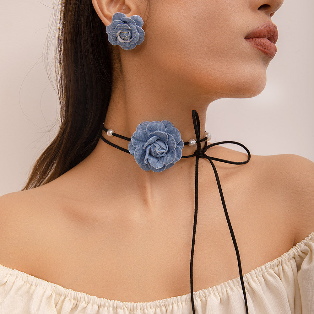 Wholesale Denim Camellia Beaded Strap Necklace Earrings Set