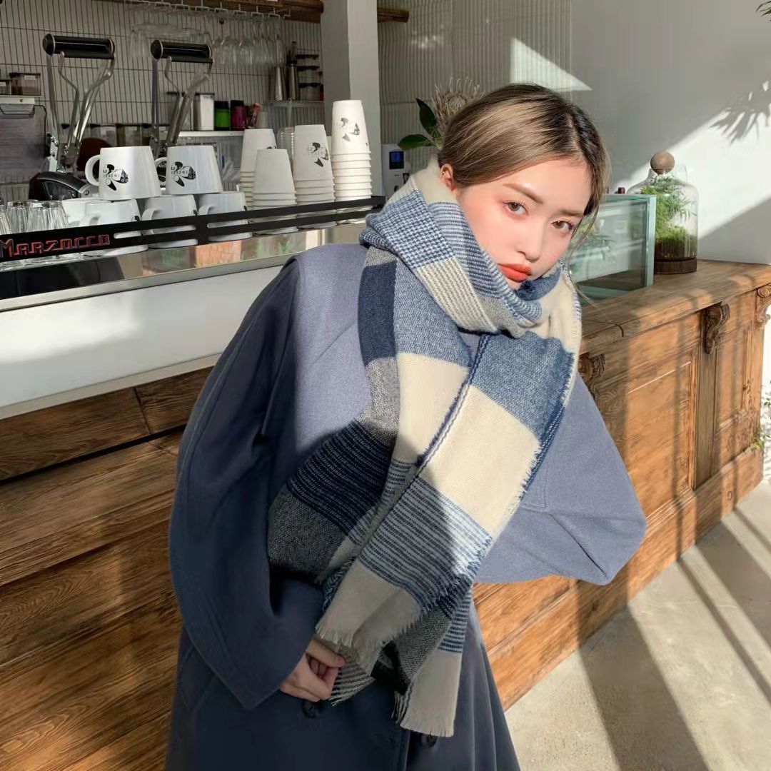 Wholesale Winter Faux Cashmere Acrylic Blue Plaid f