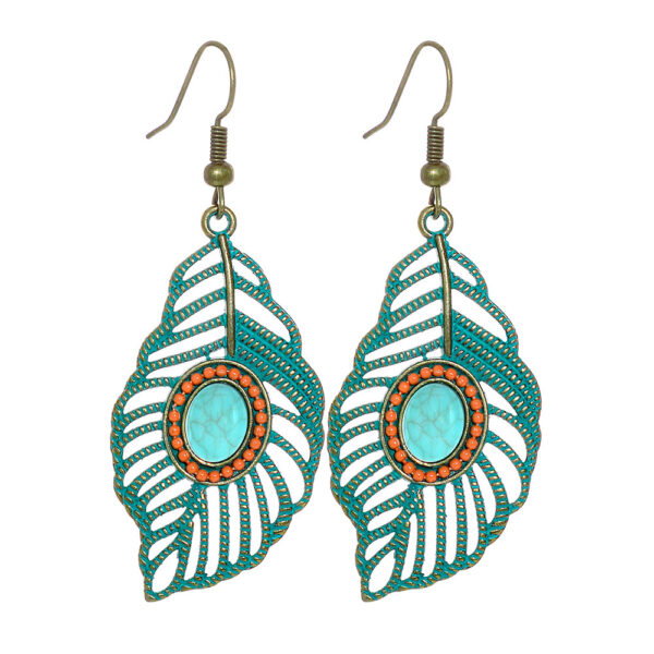 Wholesale Bohemian Hollow Tree Leaf Inlaid Turquoise Drop Earrings