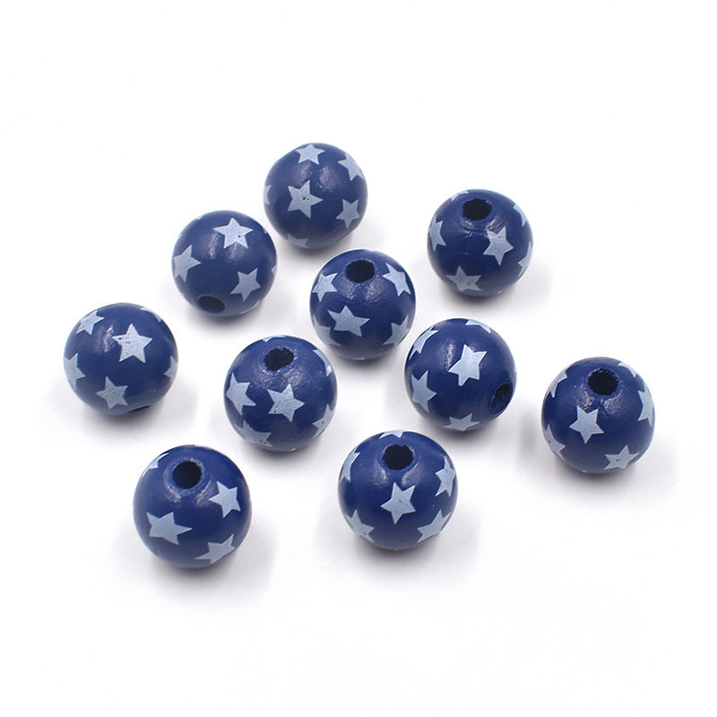 Wholesale Printed Pentagram Independence Day Wooden Beads