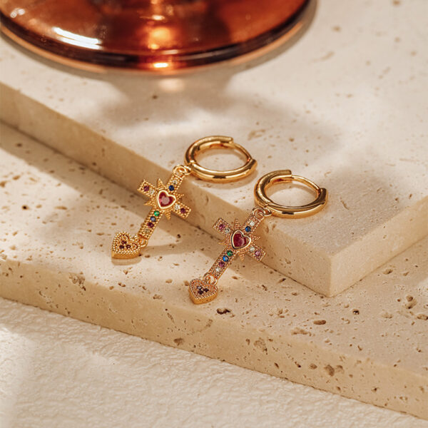 Wholesale Cross Real Gold Plating Inlaid Colored Zircon Love Earrings