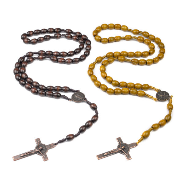 Wholesale Rosary Beads Weaving Dark Brown Rice Beads Wooden Cross Necklace