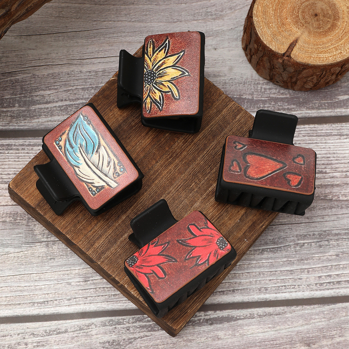 Wholesale Suower Feather Pattern Leather Hairpin Shark Clip Hair Clip