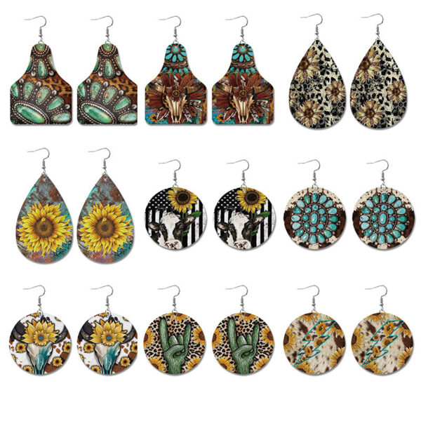 Wholesale Western Style Sunflower Cow Leather Earrings
