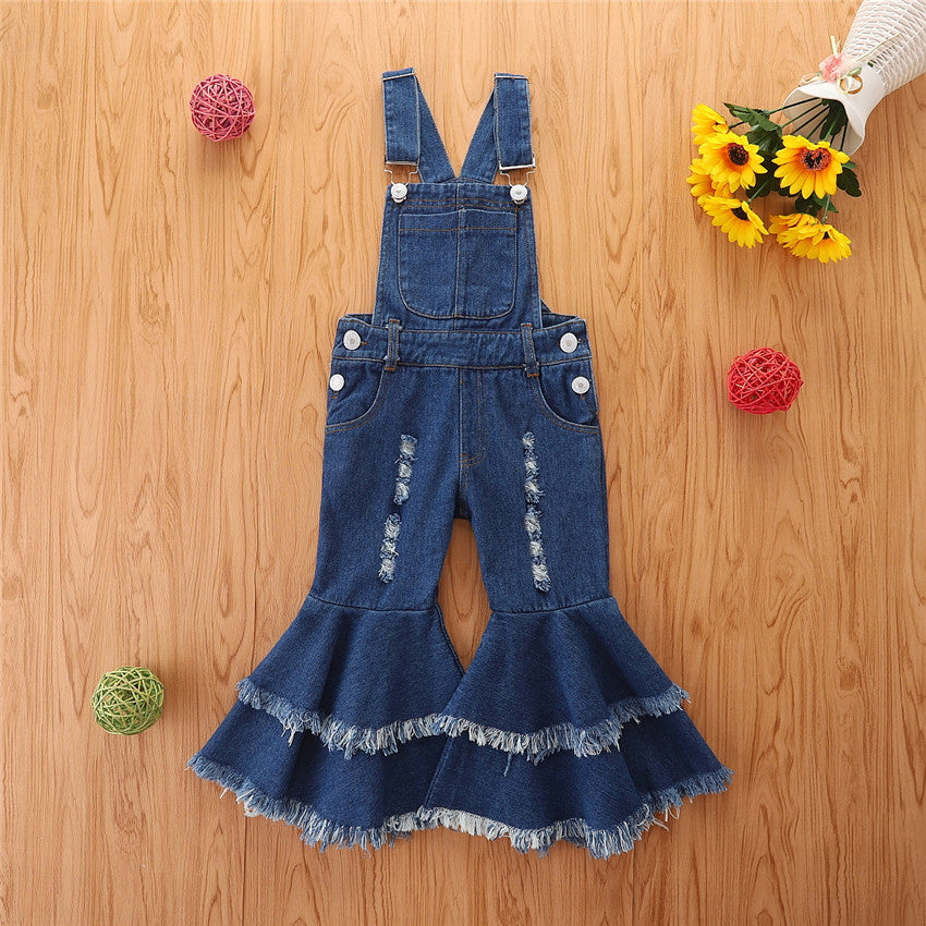 Wholesale lyester Chilen's Fashion Suspender Denim Flare Pants