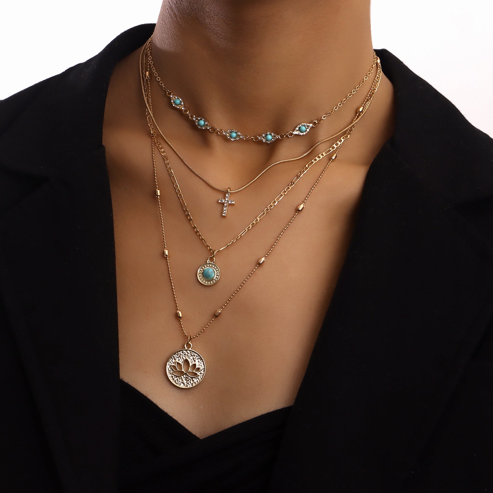 Wholesale Hollow Out Flowers Diamond Cross Alloy Necklaces