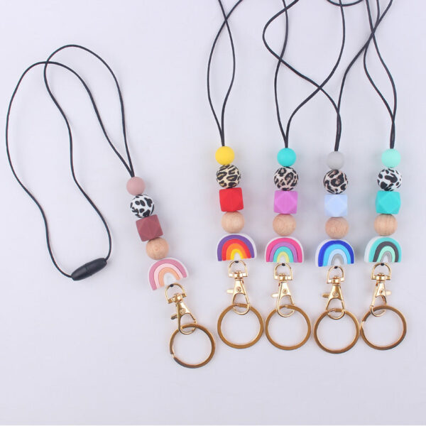 Wholesale Cartoon Rainbow Silicone Bead Hanging Rope Identification Necklace Keychain