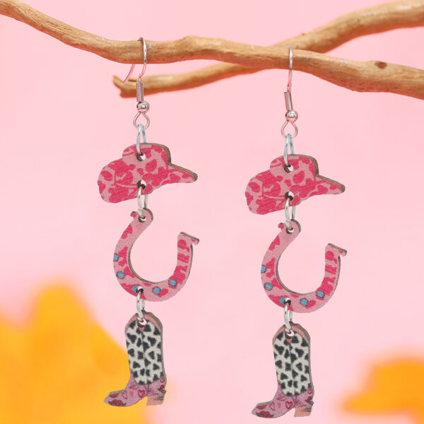 Wholesale Valentine's Day Pink Printed Denim Hats, Horseshoe High Heels, Wooden Earrings