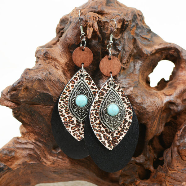 Wholesale of Western Style Multi-layer Leopard Patterned Alloy Turquoise Leather Earrings