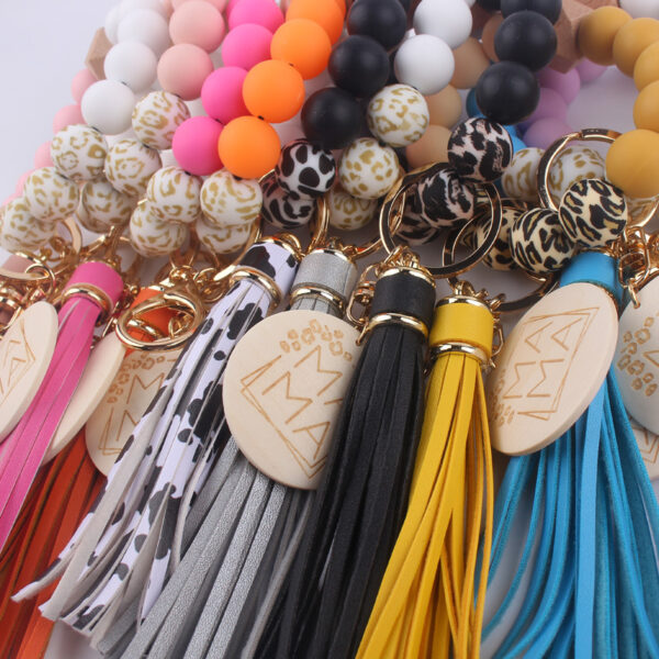 Wholesale MAMA Printed Silicone Beaded Tassel Wrist Keychain